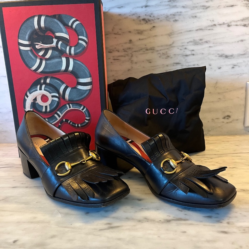 Gucci Malaga Black Kid Polly Fringe Horsebit Pumps 38